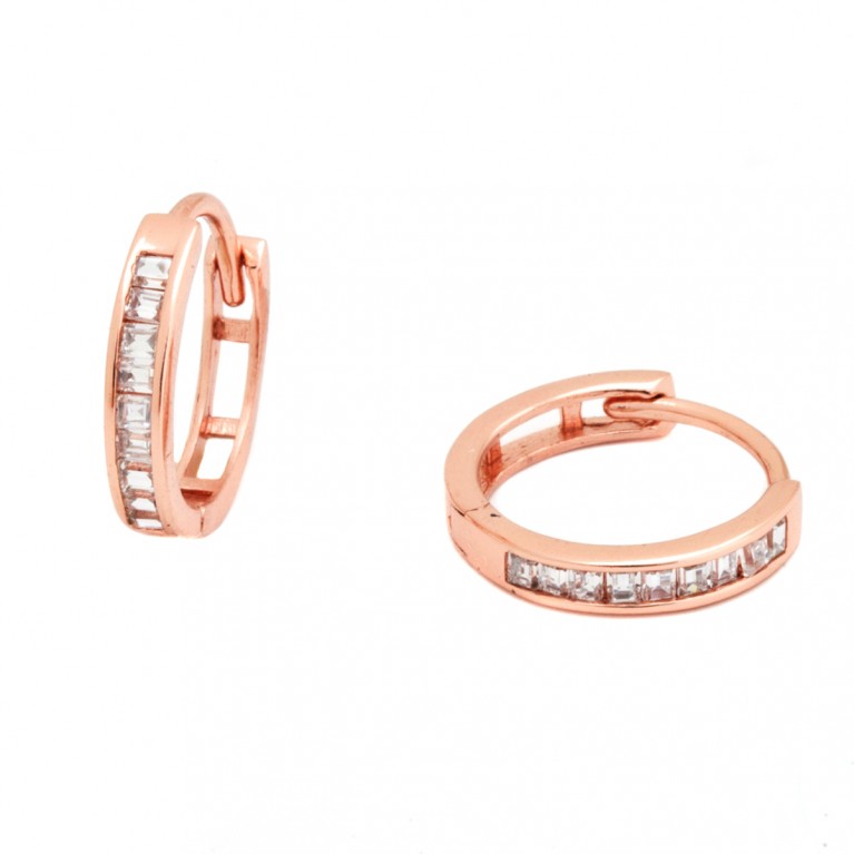 Round Hoop Huggies with square Cubic Zirconias Rose Gold