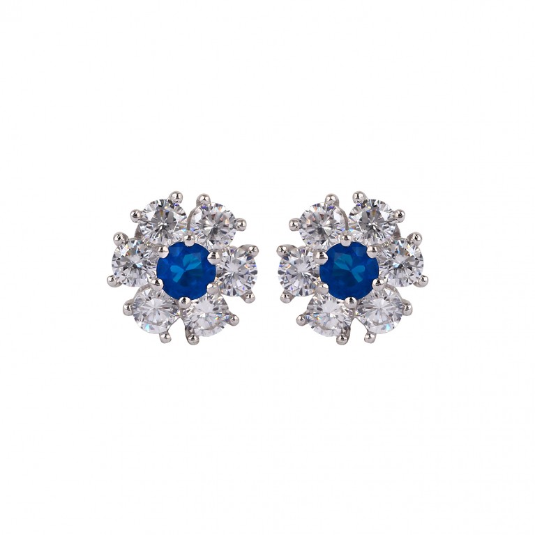 Blue Sapphire Flower Stud Earrings