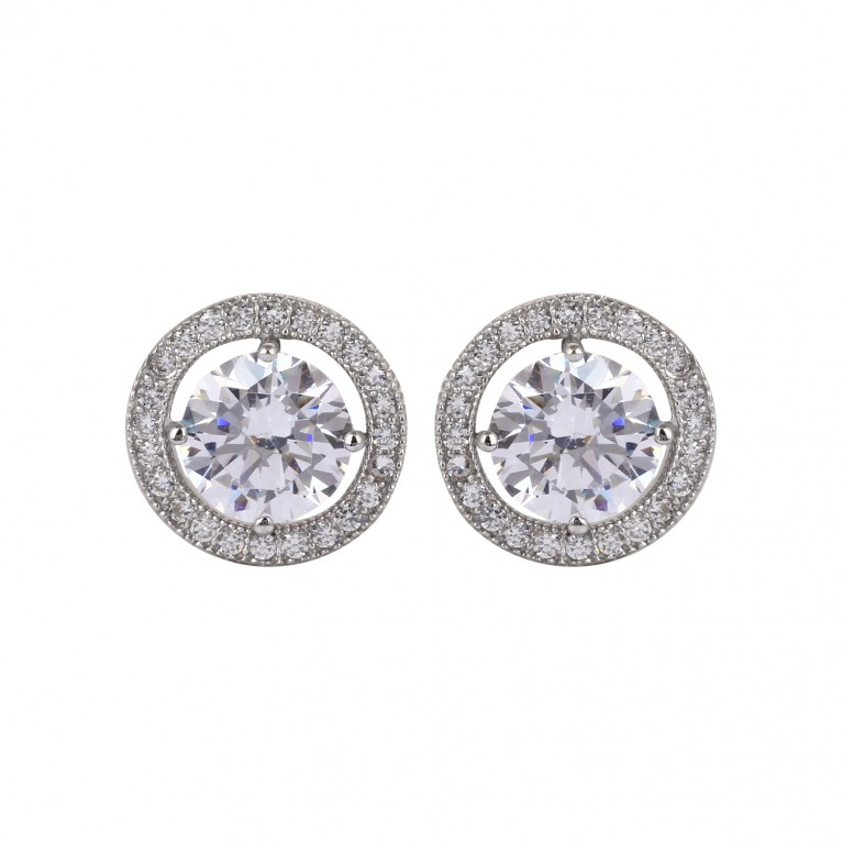 Round Solitaire with Pave Set Halo Stud Earrings