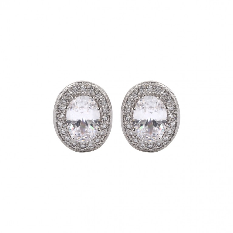 Oval Solitaire with Pave Set Halo Stud Earrings