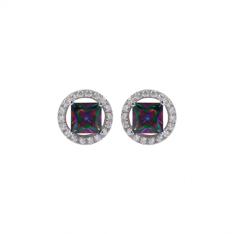 Mystic Rainbow Princess Solitaire with Pave Halo Stud Earrings