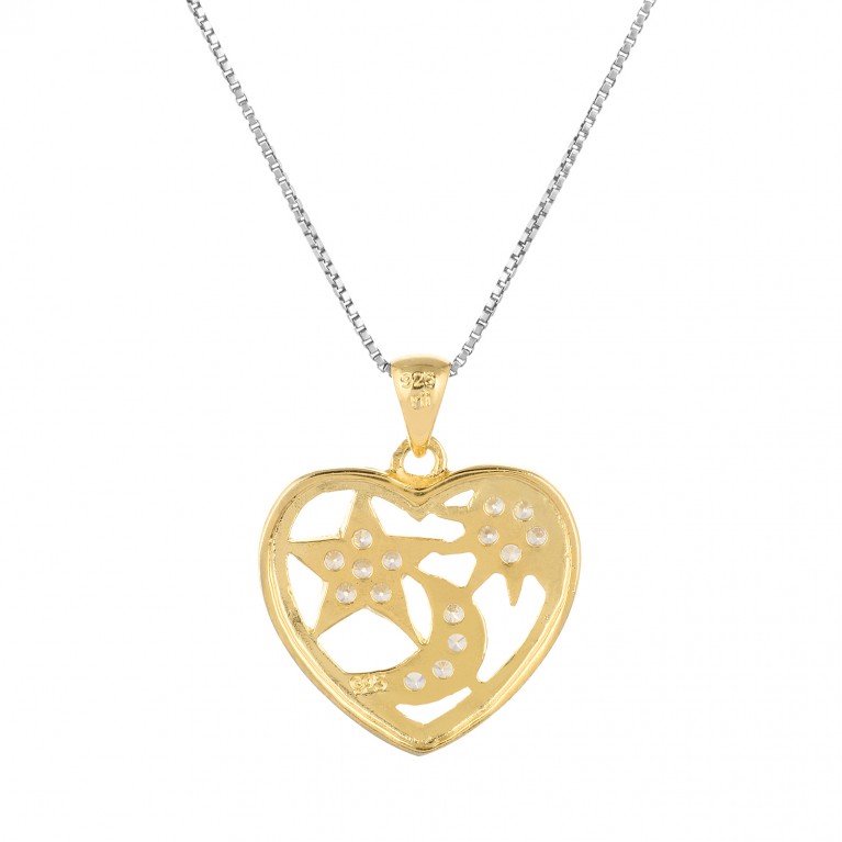 Yellow Gold Stars and Moon in Heart Pendant