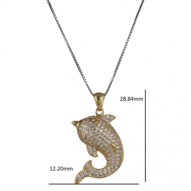 Yellow Gold Iced Out Fliping Dolphin Pendant Necklace