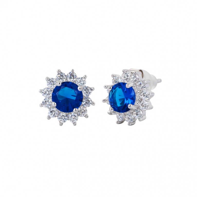 Blue Sapphire Sun Flower Stud Earrings