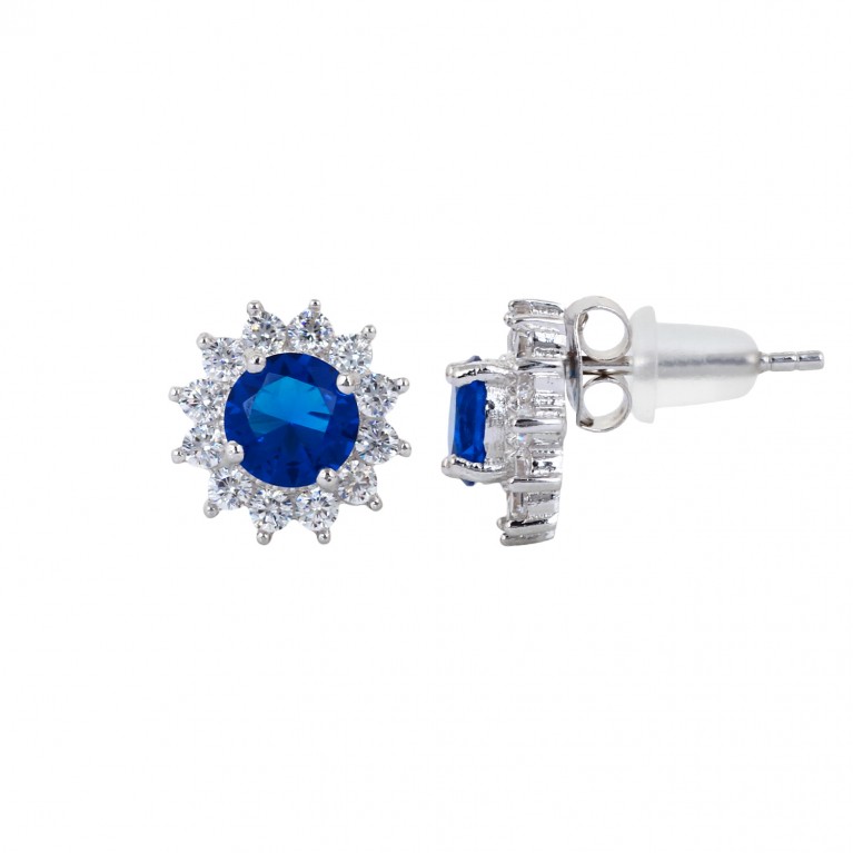 Blue Sapphire Sun Flower Stud Earrings